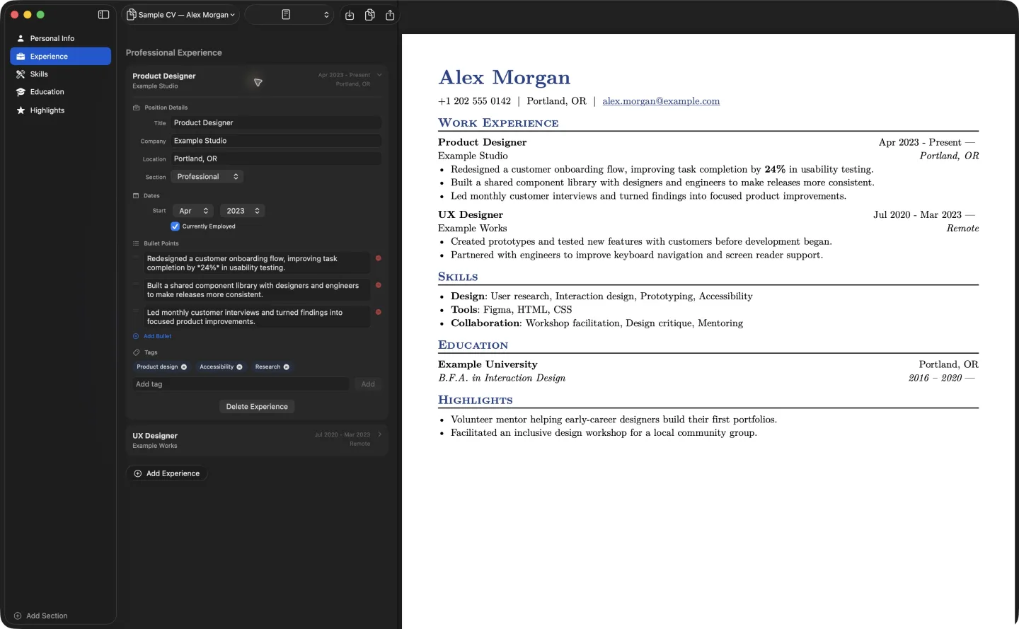 The sample CV in Basic Resume, with serif text, blue headings and a traditional layout.