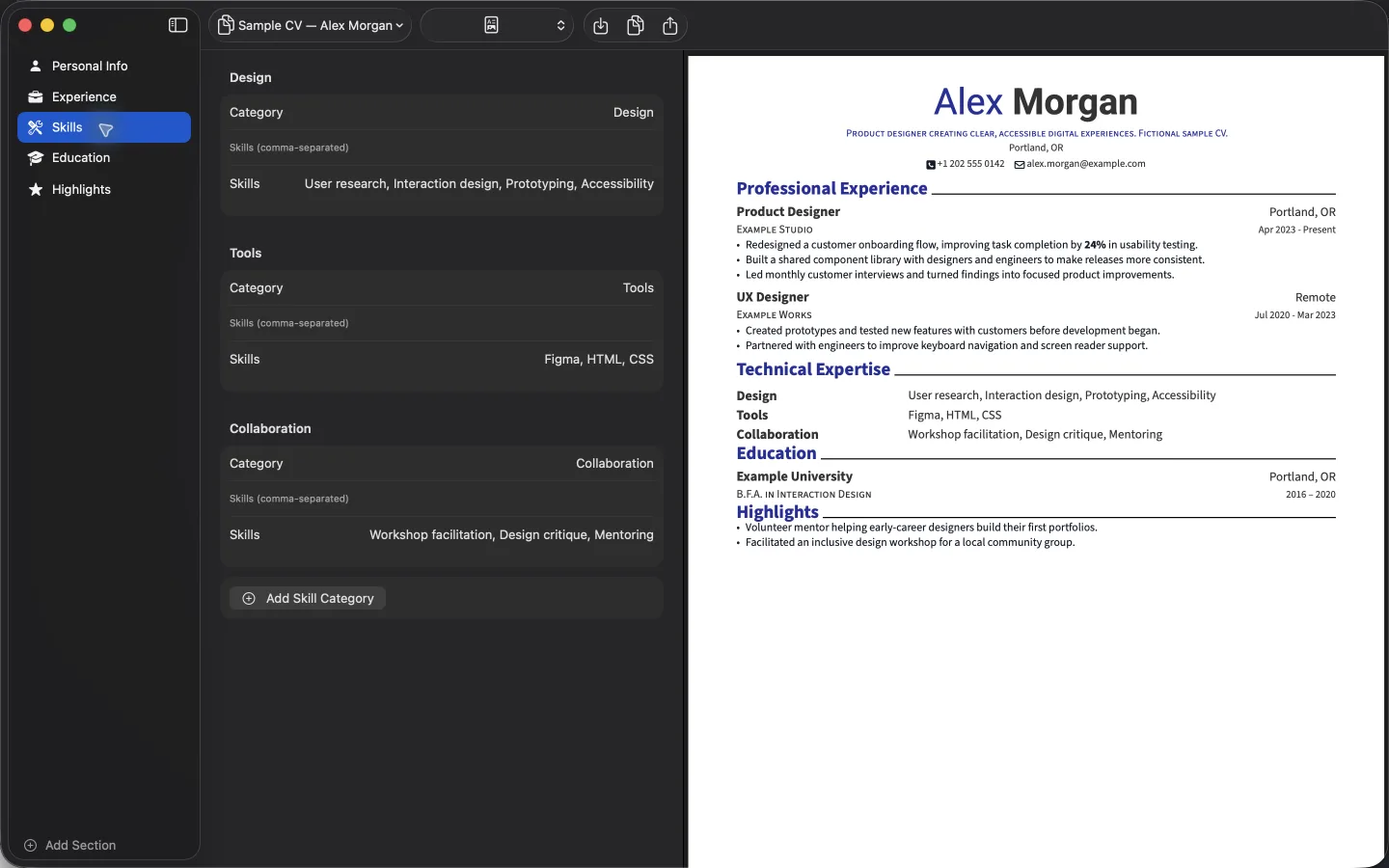 The same sample CV in Modern CV, with a centered name and purple section headings.